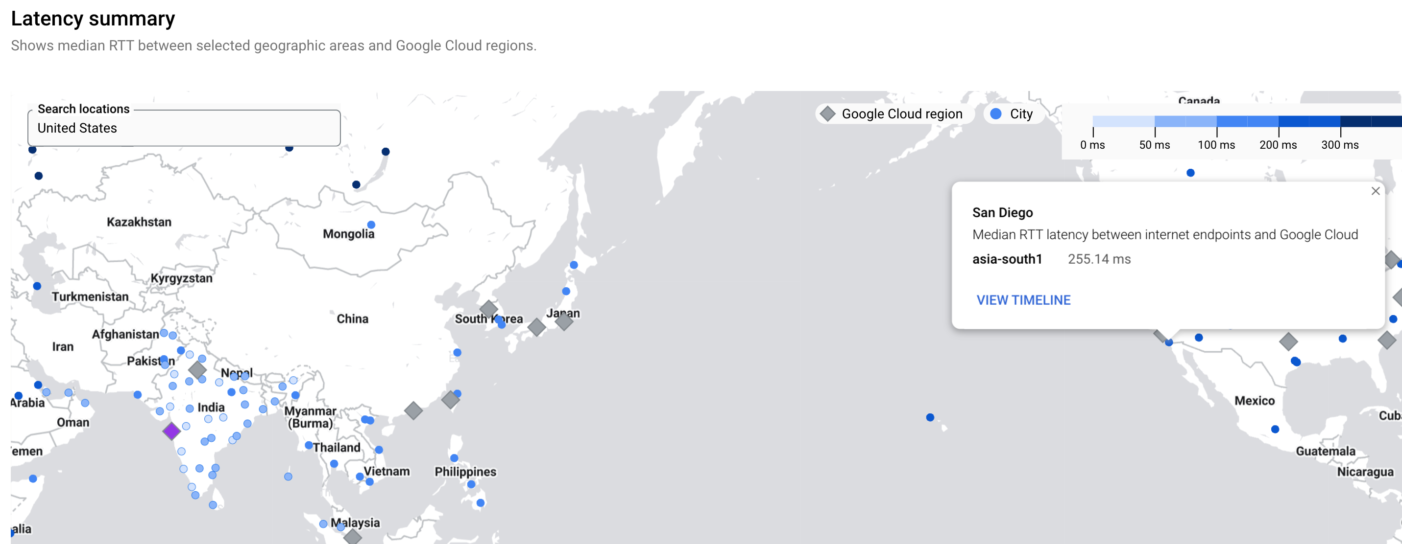Latenz von einer Stadt zu einer Google Cloud -Region für die Premium-Netzwerkstufe.