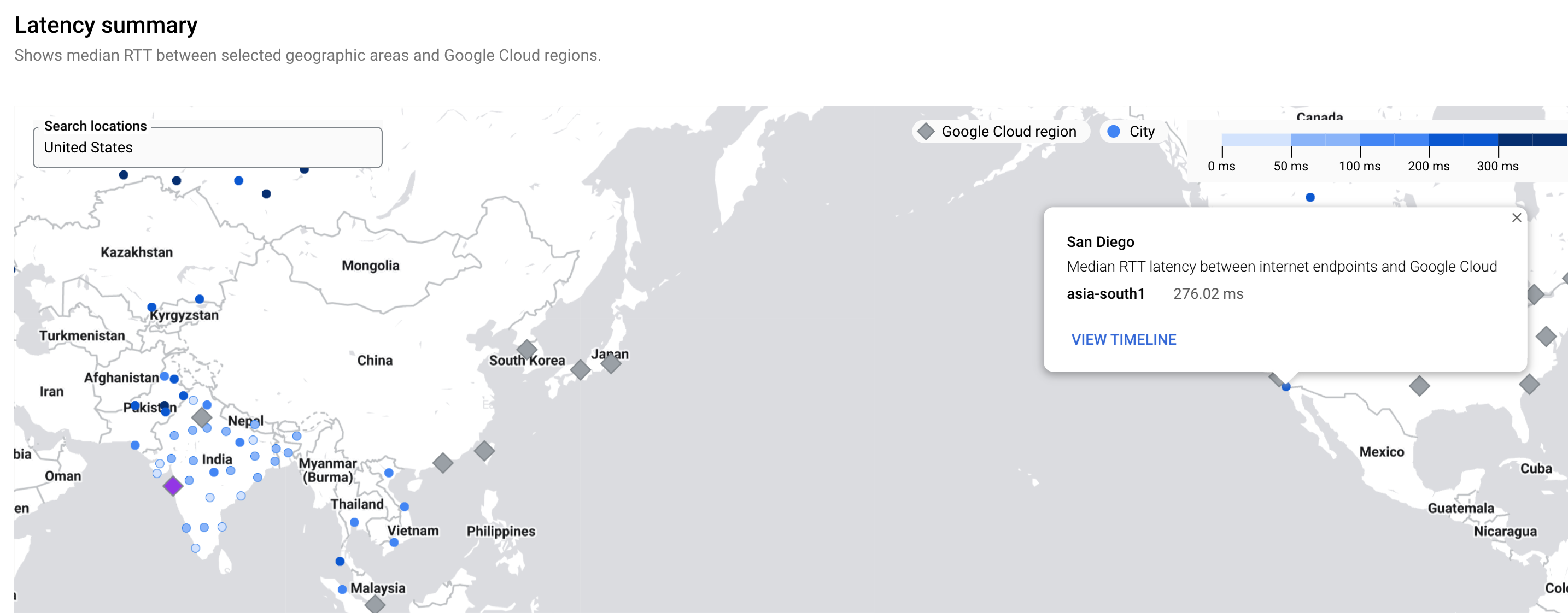 Latenz von einer Stadt zu einer Google Cloud -Region für die Standardnetzwerkstufe.