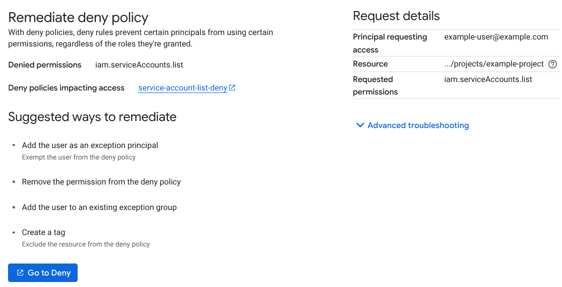 The policy remediation summary page showing deny policy details.