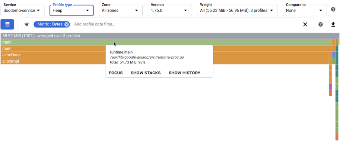 Consumo delle metriche per runtime.main.