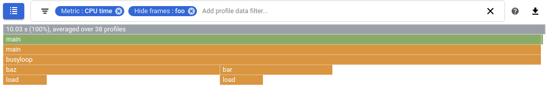 [フレームを非表示] で CPU 使用量がフィルタされている Profiler のグラフ