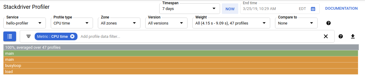 顯示範例程式碼的 Profiler 介面。