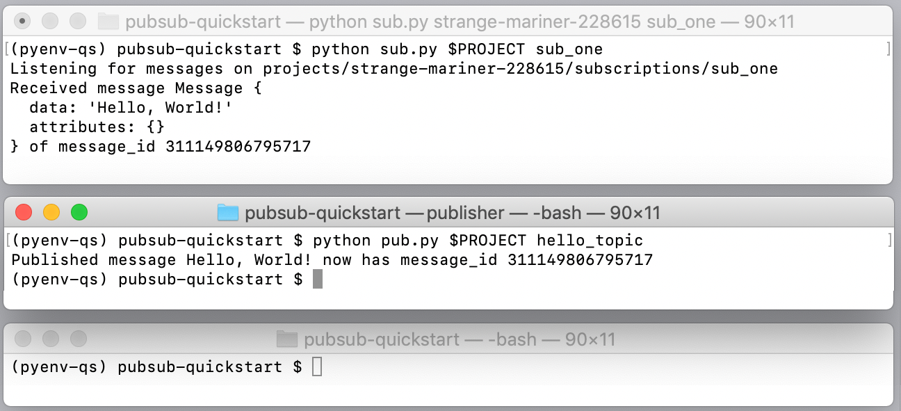 The Publisher
  application publishes the message and assigns a message ID. The Subscriber 1
  application receives the 'Hello World' message and sends an
  acknowledgment