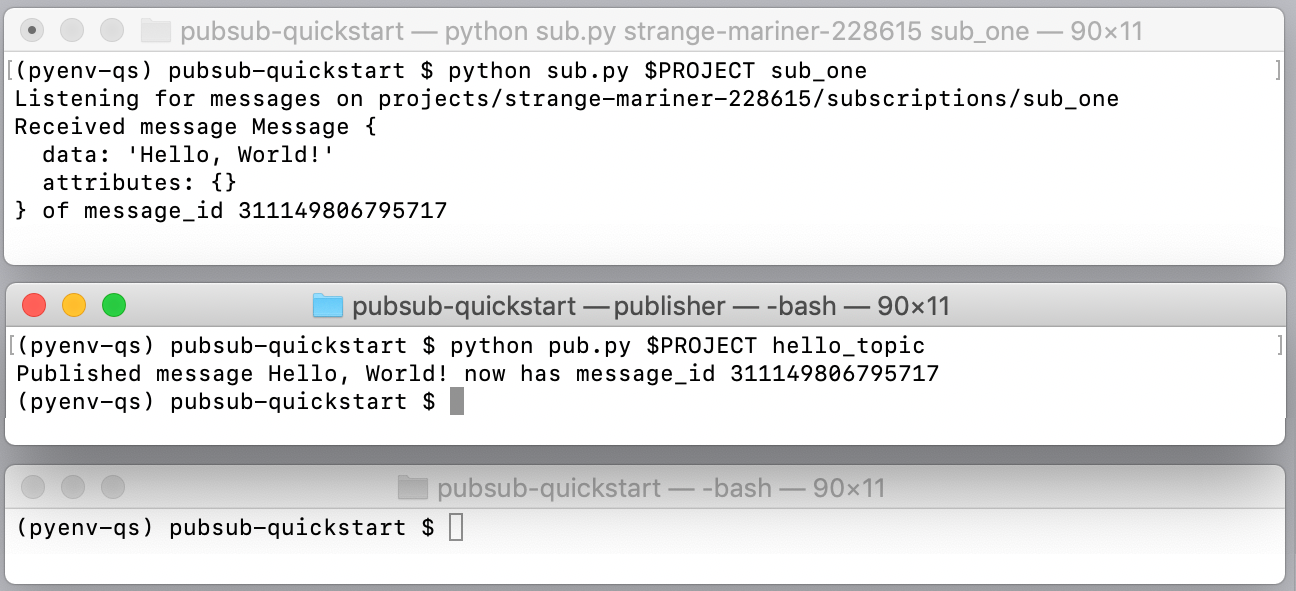 L&#39;application de publication publie le message et attribue un ID de message. L&#39;application Abonné 1 reçoit le message &quot;Hello World&quot; et envoie un accusé de réception.