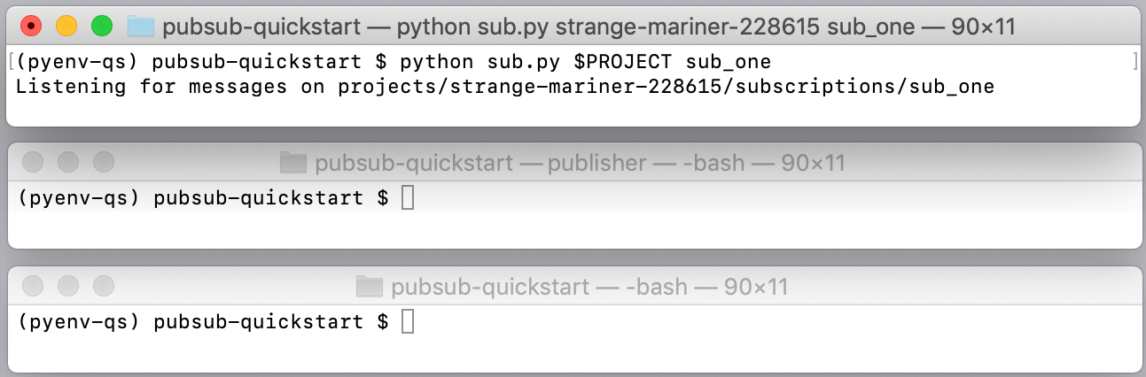 La aplicación Subscriber 1 se pone a la escucha de mensajes en la suscripción sub_one.