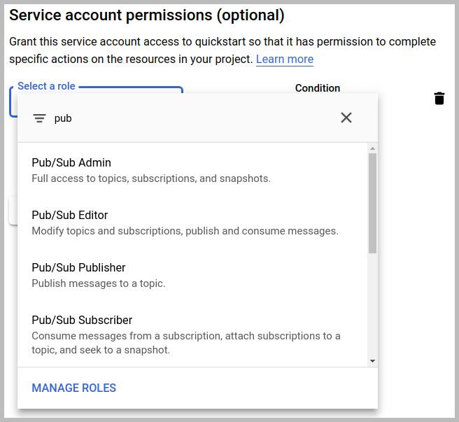 The Service
account permissions dialog, using the string 'pub' to filter for
Pub/Sub roles