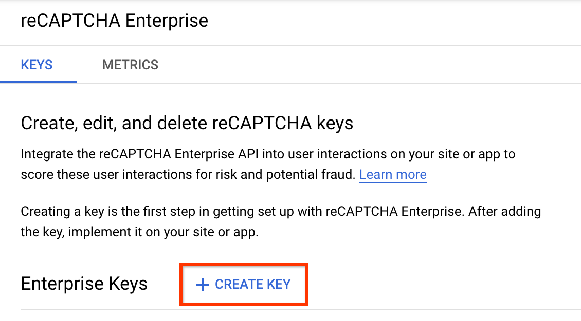 Creating reCAPTCHA keys | reCAPTCHA Enterprise | Google