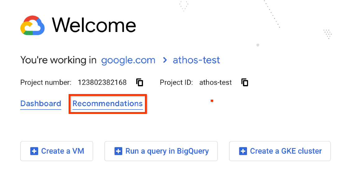 Recommendations from Google Cloud console home
