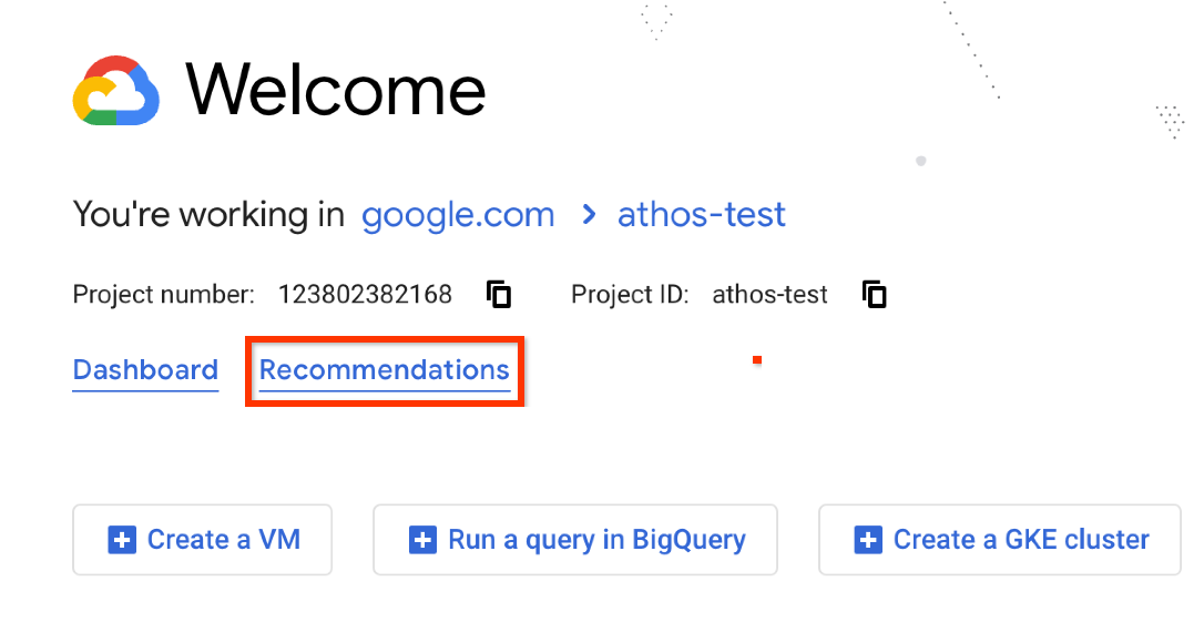 Recomendaciones de la página principal de la consola de Google Cloud