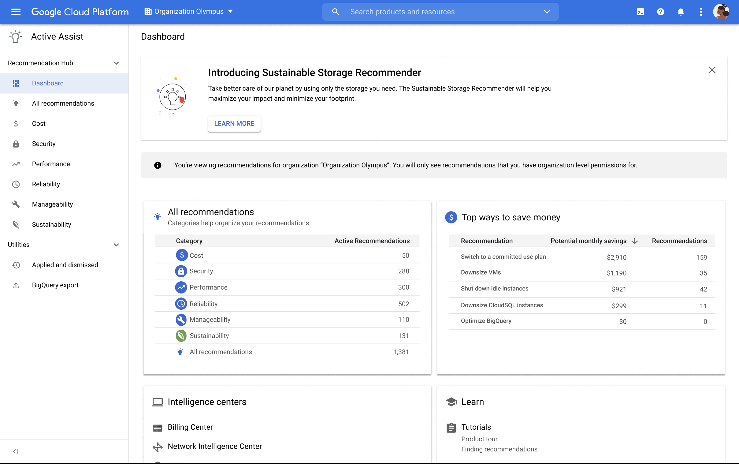 Dashboard dell&#39;hub dei suggerimenti