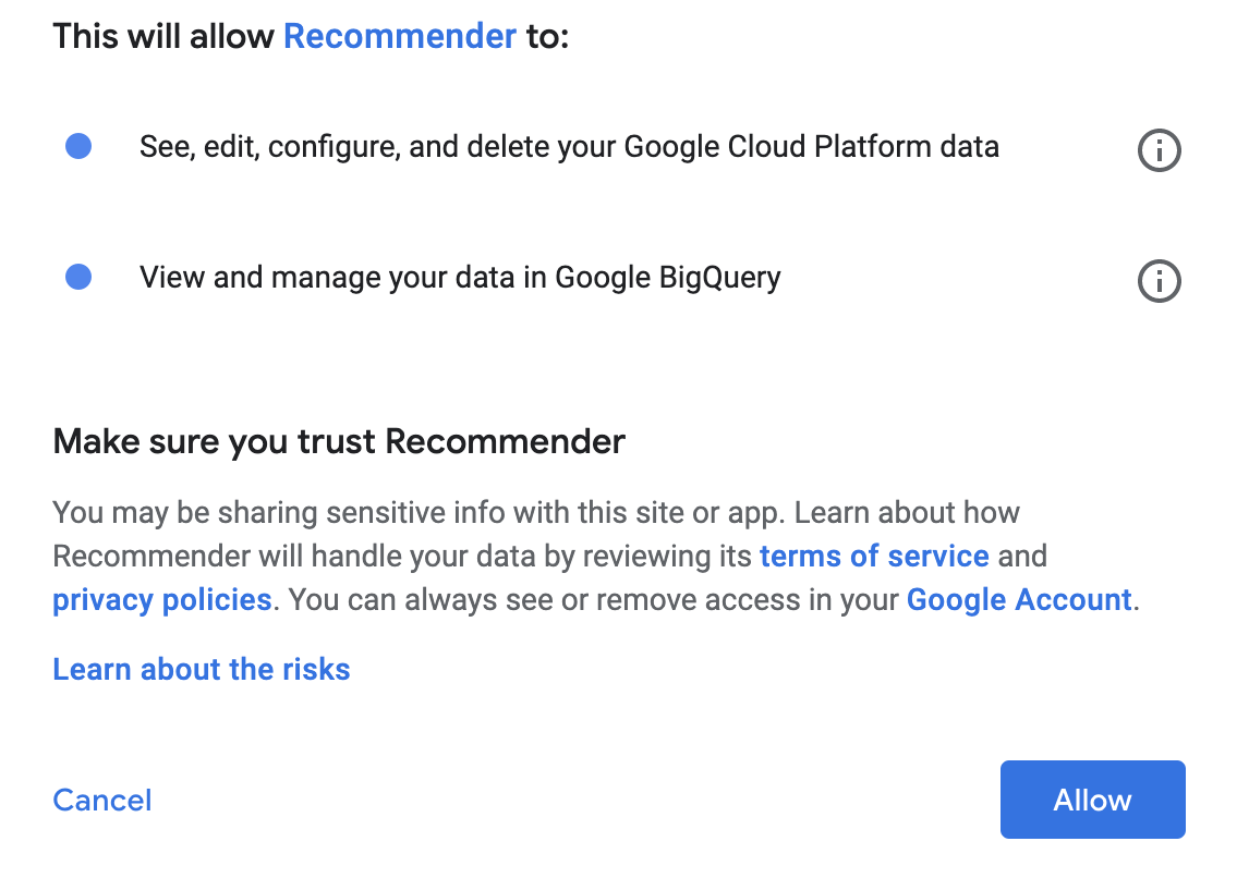 Cuadro de diálogo de autorización de Recommender, en el que se enumeran los permisos que requiere y se proporcionan vínculos para obtener información sobre los riesgos y cómo Recommender maneja los datos