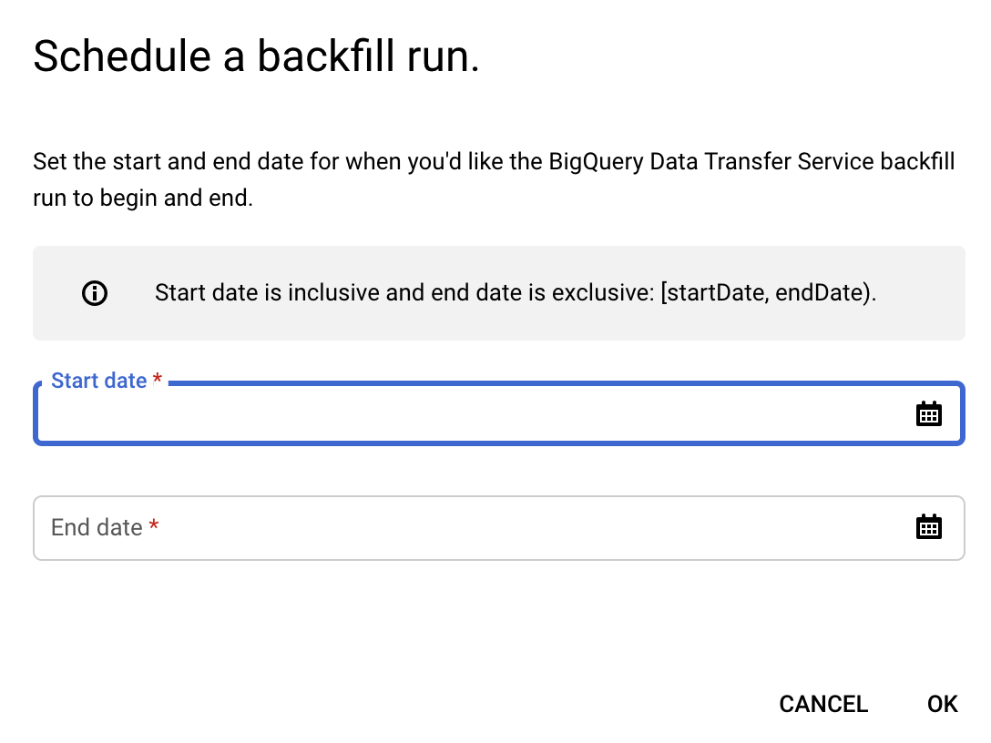 Form in the console for scheduling a backfill run, showing the required fields for Start date and End date, and a note that the start date is inclusive and the end date is exclusive.