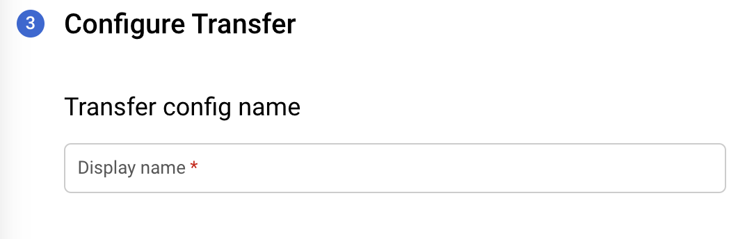 Form in the console for entering a transfer name, with the Display name marked as required.