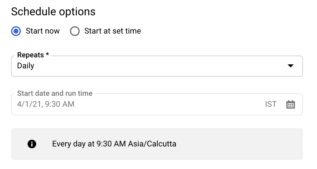 Form in the console showing Schedule options for the data transfer, with the current choices set to 9:30 AM Asia/Calcutta time.