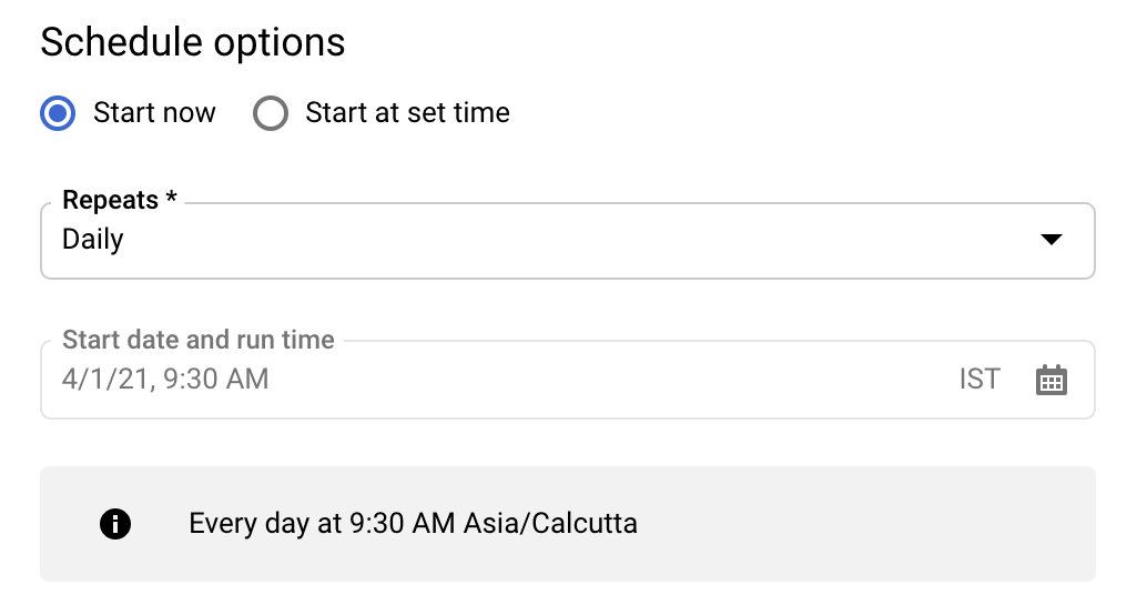 Formulario de la consola que muestra las opciones de programación de la transferencia de datos, con las opciones actuales configuradas a las 9:30 (hora de Asia/Calcuta).