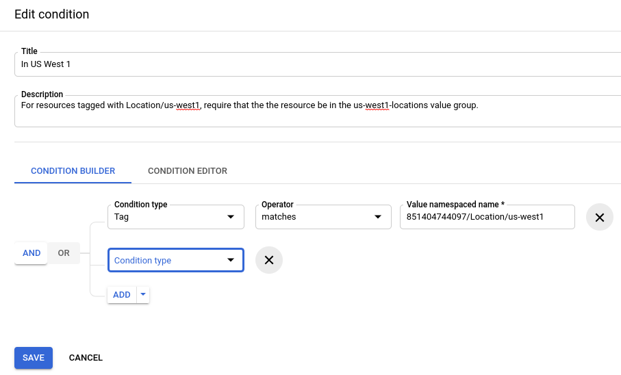 Example of the organization policy conditions UI.