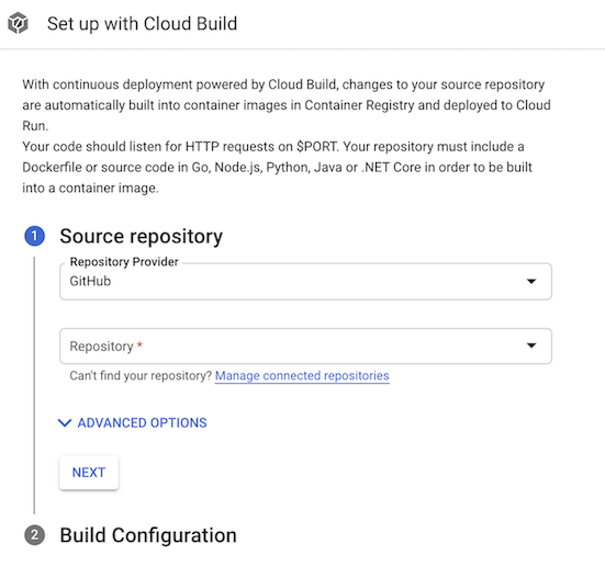 Seite "Mit Cloud Build einrichten"
