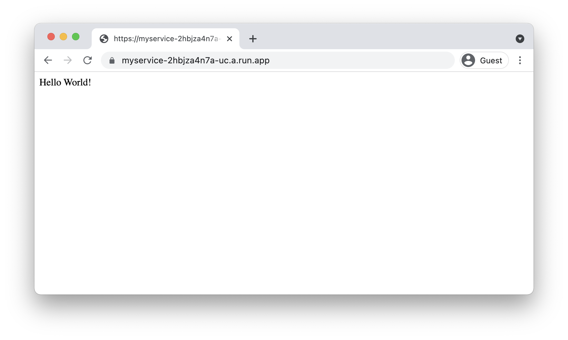 Captura de pantalla del servicio implementado de Cloud Run. Se muestra “Hello World!”.