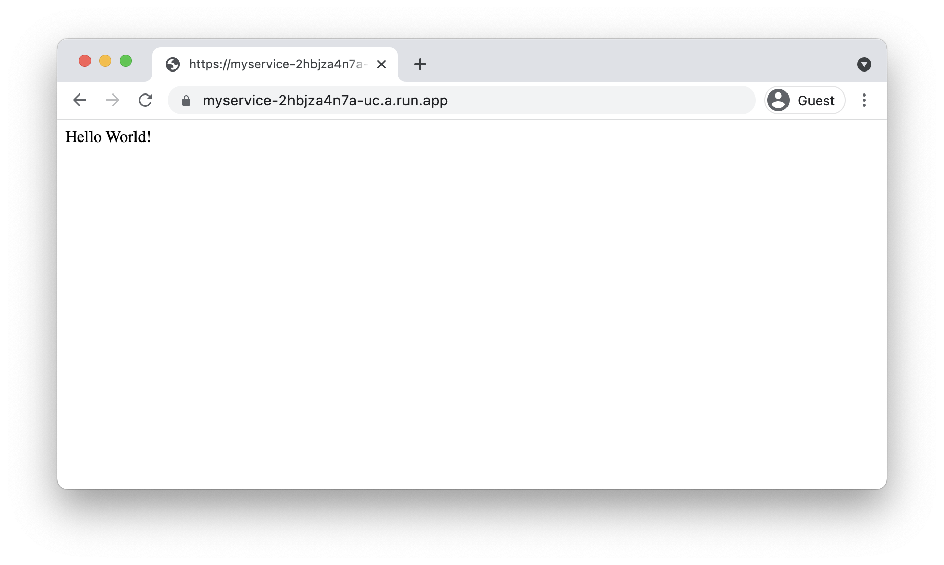 Screenshot layanan Cloud Run yang di-deploy, yang menampilkan 'Hello World!'.