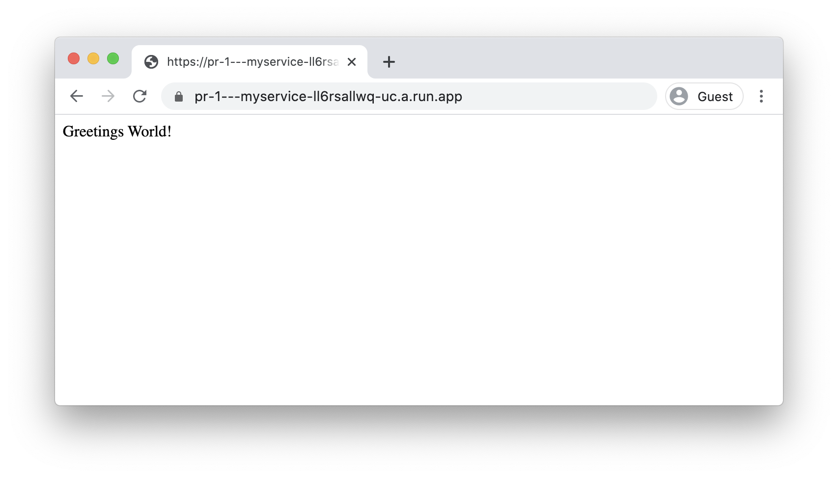 Vorschau des bereitgestellten Cloud Run-Dienstes mit „Greetings World!“