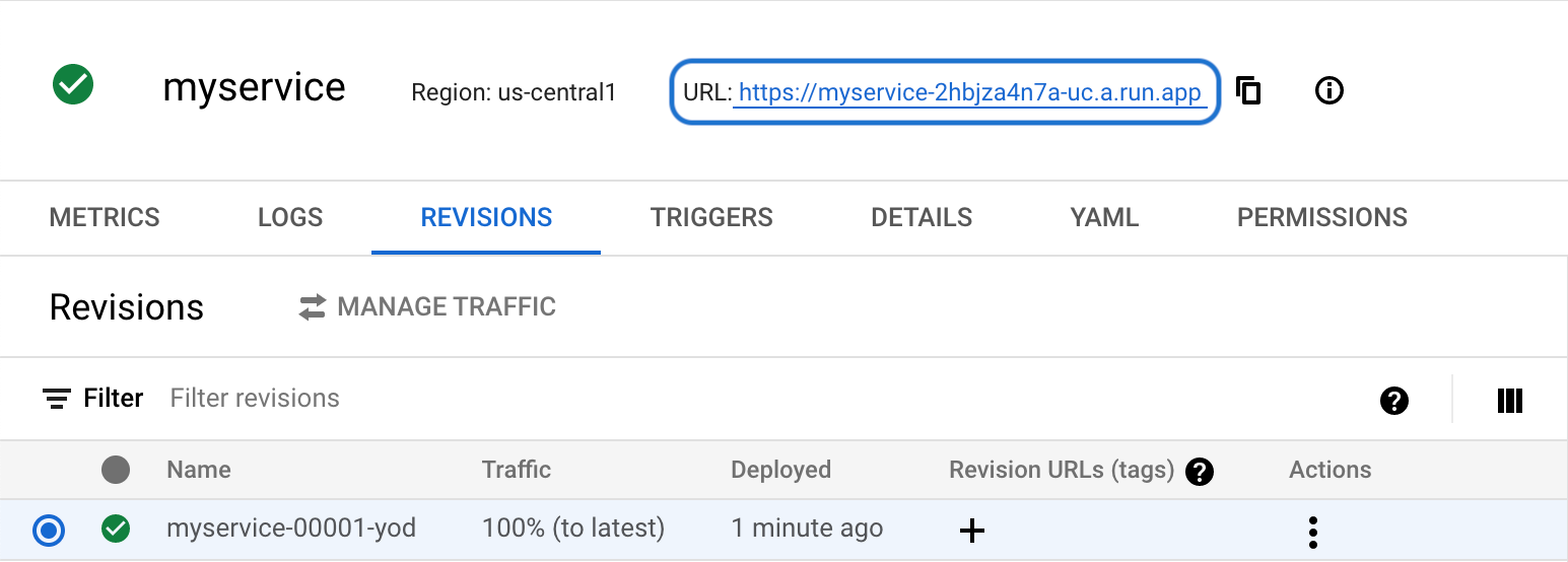 Captura de tela do console do Cloud Run com uma revisão destacando a URL de serviço.