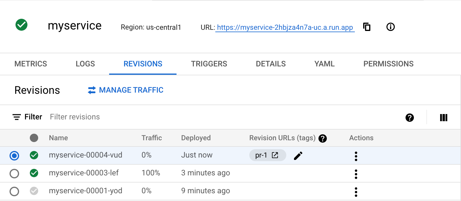 2 つのアクティブ リビジョンがある Cloud Run コンソールのスクリーンショット。