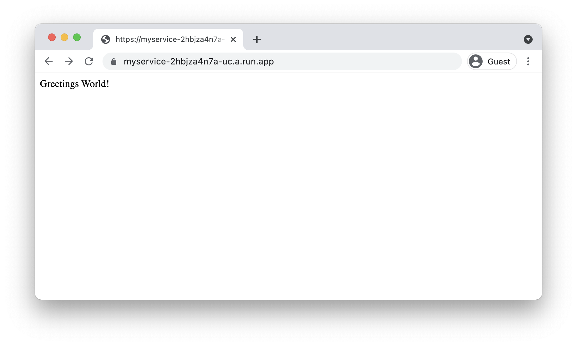 「Greetings World!」を表示する、新しくデプロイされた Cloud Run サービスのスクリーンショット。