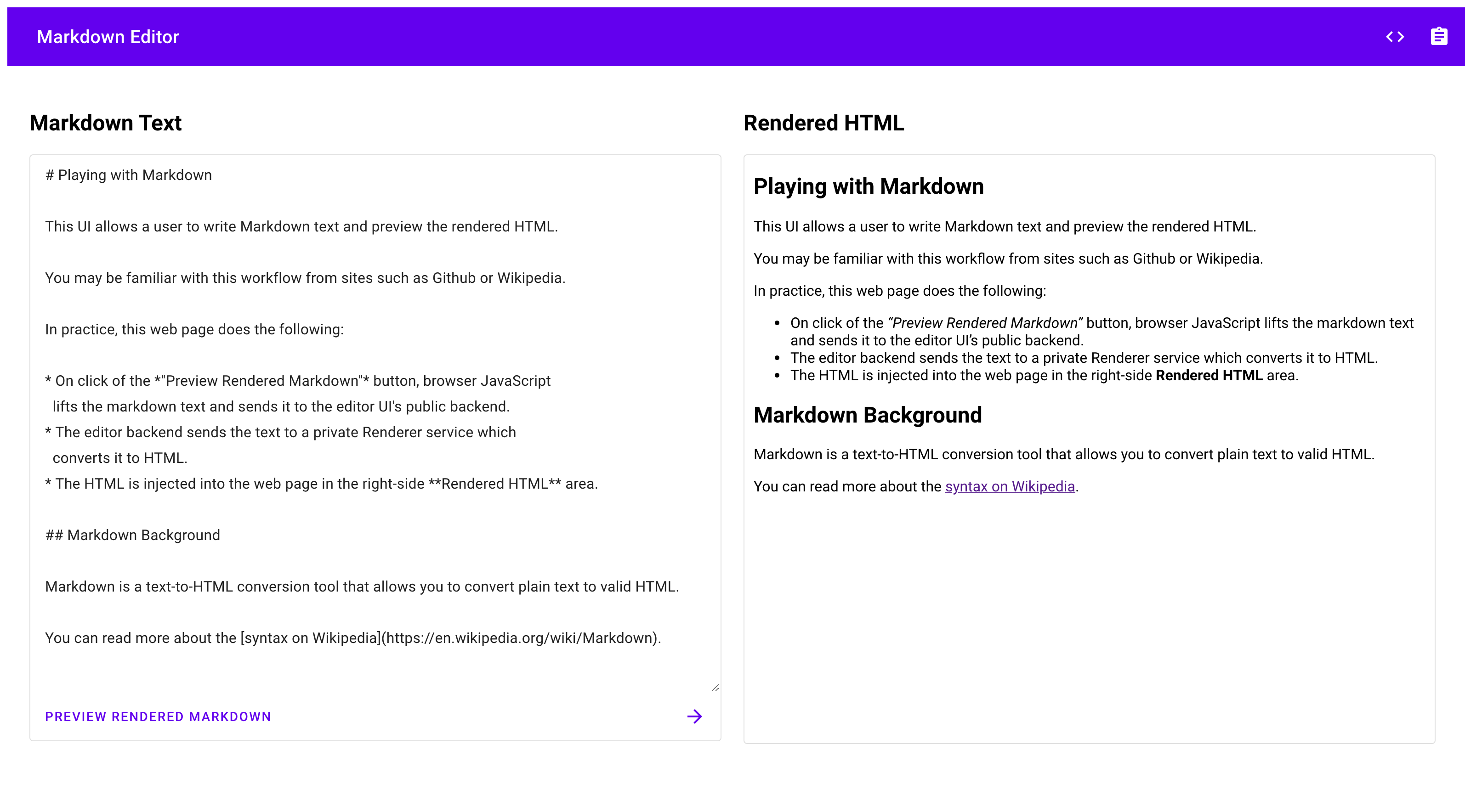 Screenshot of the Markdown Editor User Interface