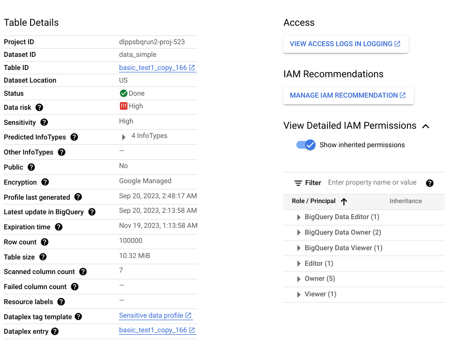 Um perfil de dados no nível da tabela que mostra métricas e insights sobre a tabela e permite visualizar a tabela no Logging, no IAM e no Dataplex Universal Catalog.