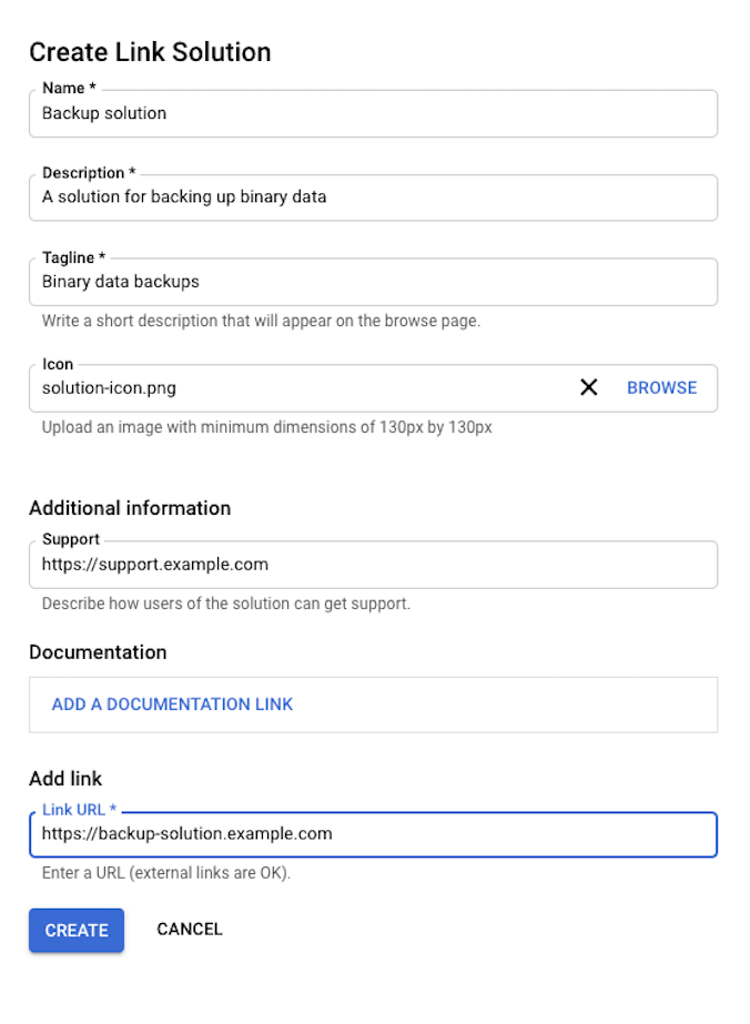 Form to create a link-based solution