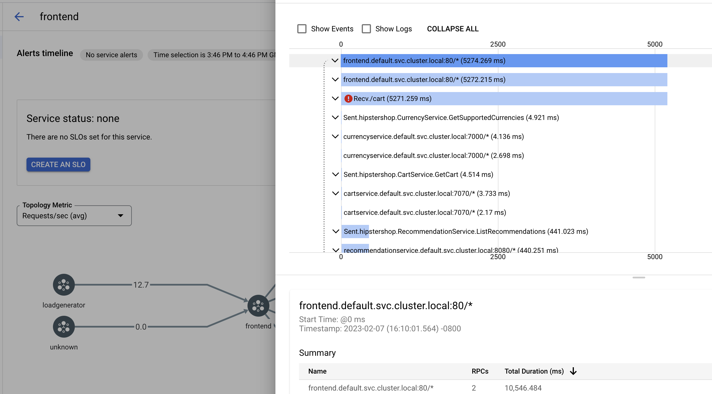 Subpanel de seguimiento de Cloud Service Mesh