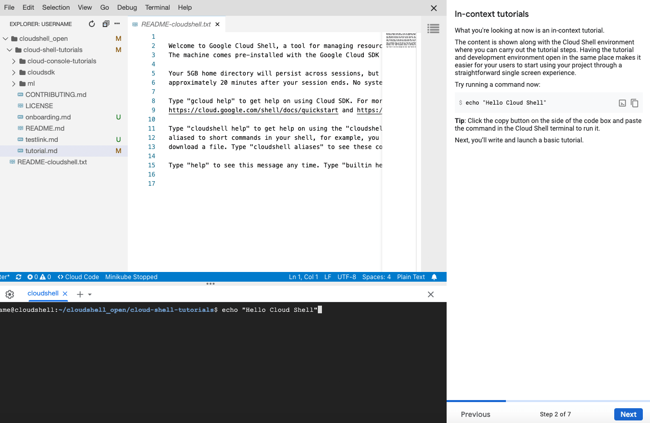 Sesión de la consola de Google Cloud con el instructivo iniciado