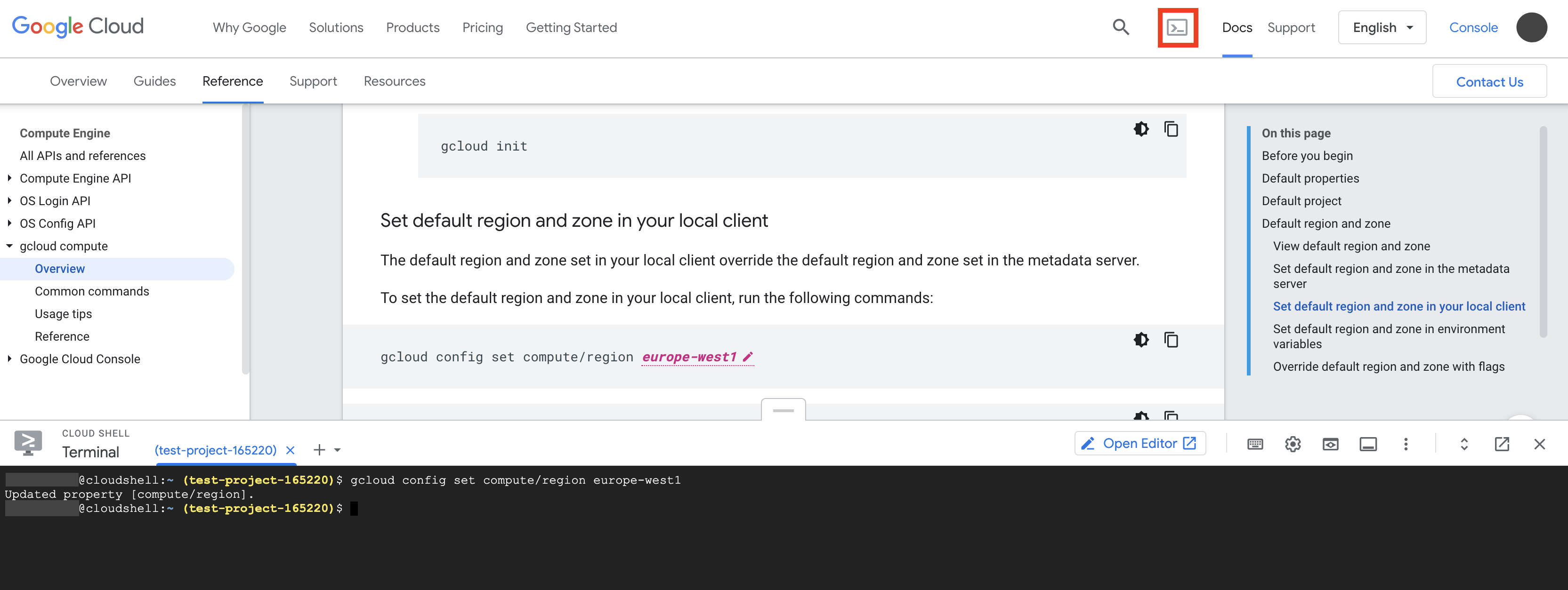 Cloud Shell terminal launched within the bottom half of the documentation page with a gcloud command example copied into the Cloud Shell terminal
