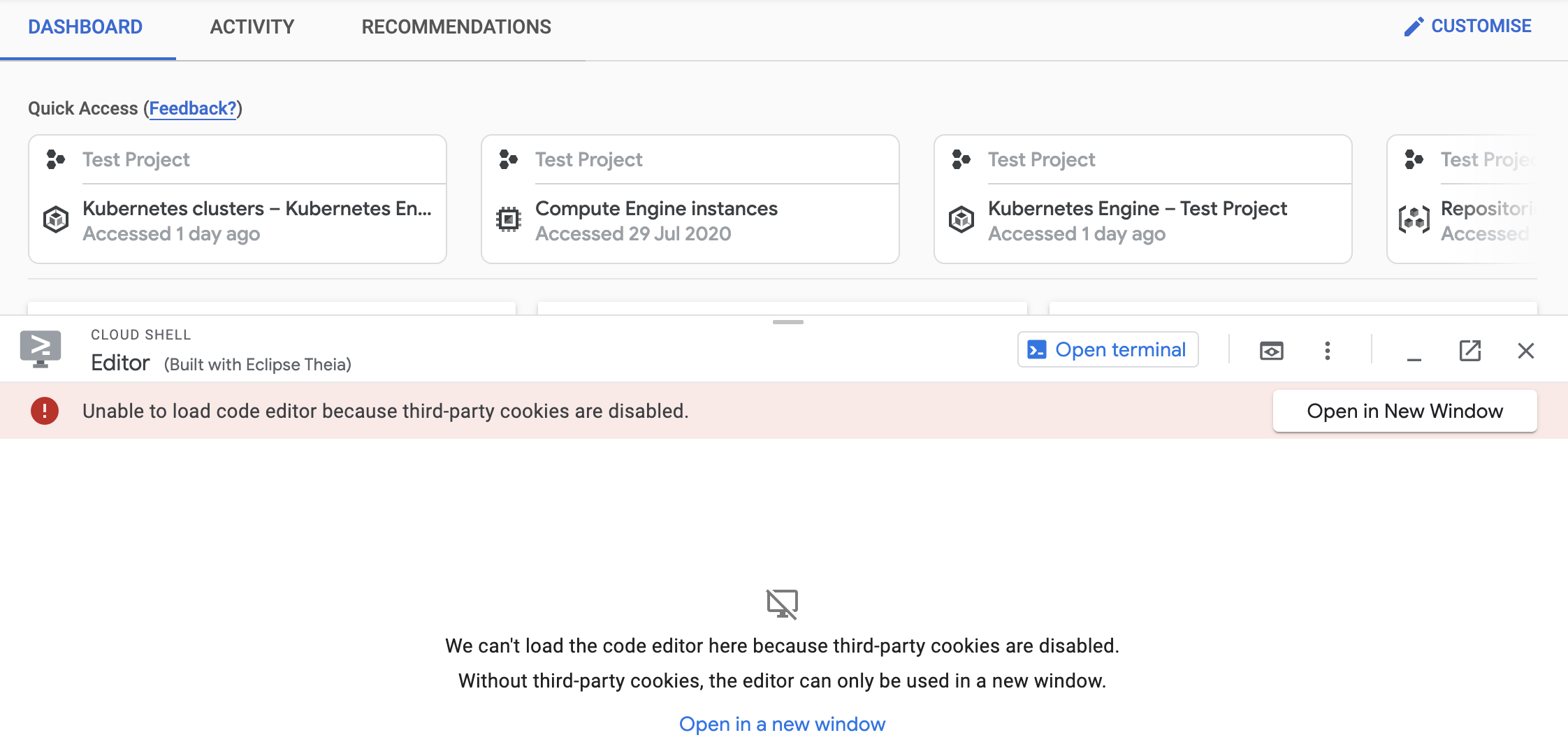 Panel editor yang menjelaskan bahwa editor kode tidak dapat dimuat karena pemblokiran cookie pihak ketiga, dengan link ke Membuka editor di jendela baru