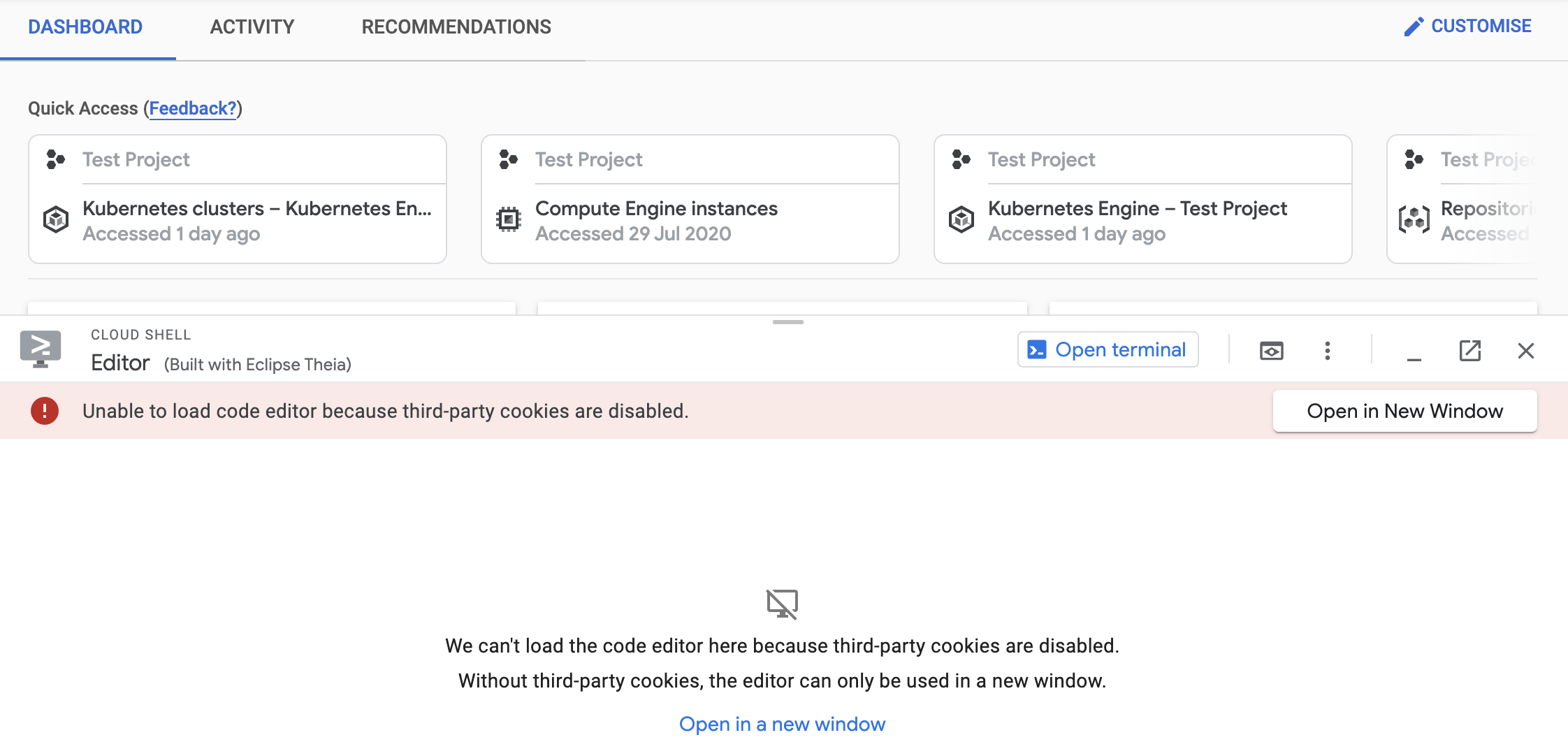Editor panel explaining that the code editor could not be loaded because of third-party cookie blocking, with link to Open the editor in a new window