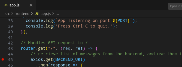 Setting a breakpoint at line 45