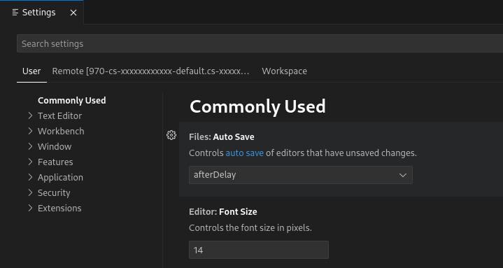 Interfaccia delle impostazioni con schede per Utente e Workspace con le impostazioni di debug visualizzate