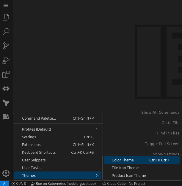 Menu de definições aberto no tema de cores