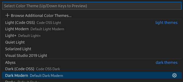 Menu pendente Temas com opções de temas de cores apresentadas