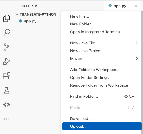 Sube un archivo al proyecto del editor de Cloud Shell.