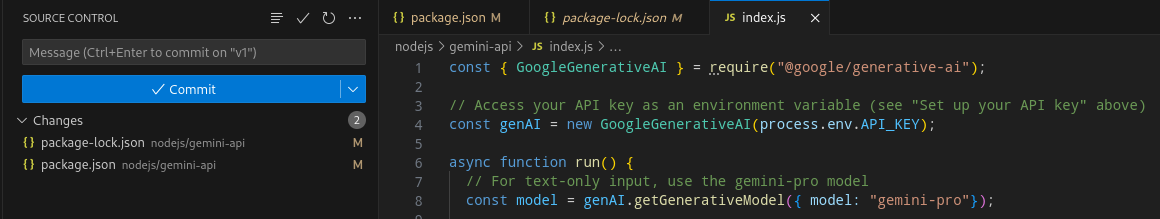 Fichiers modifiés répertoriés dans la section "Modifications" de la vue "Contrôle du code source"