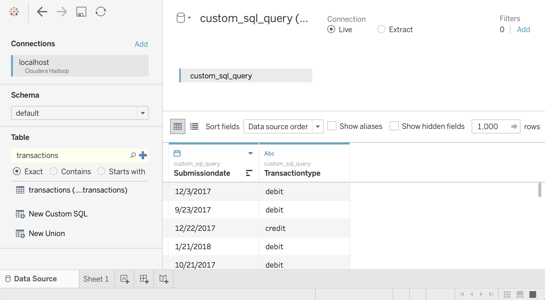 Example Tableau query with two columns from the `transactions` table displayed.