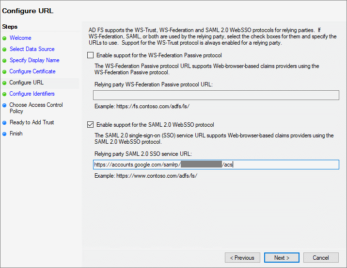 &quot;Enable support for the SAML 2.0 WebSSO protocol&quot; (Activer la prise en charge du protocole WebSSO SAML 2.0)