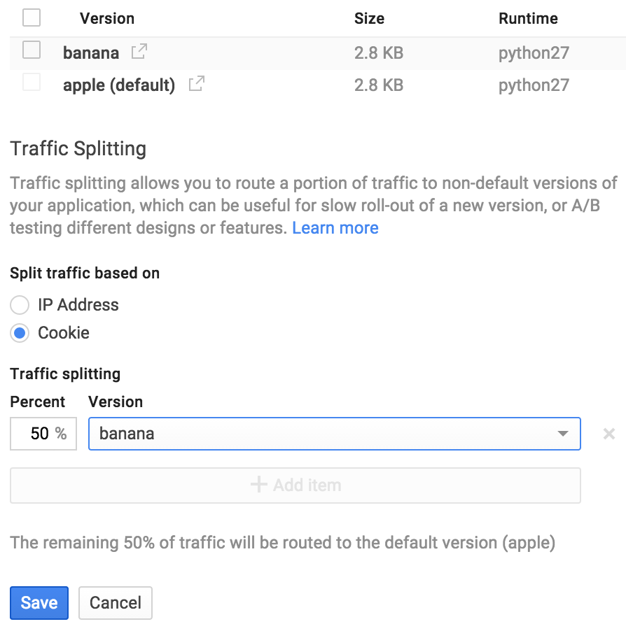 Traffic splitting settings in the Google Cloud console