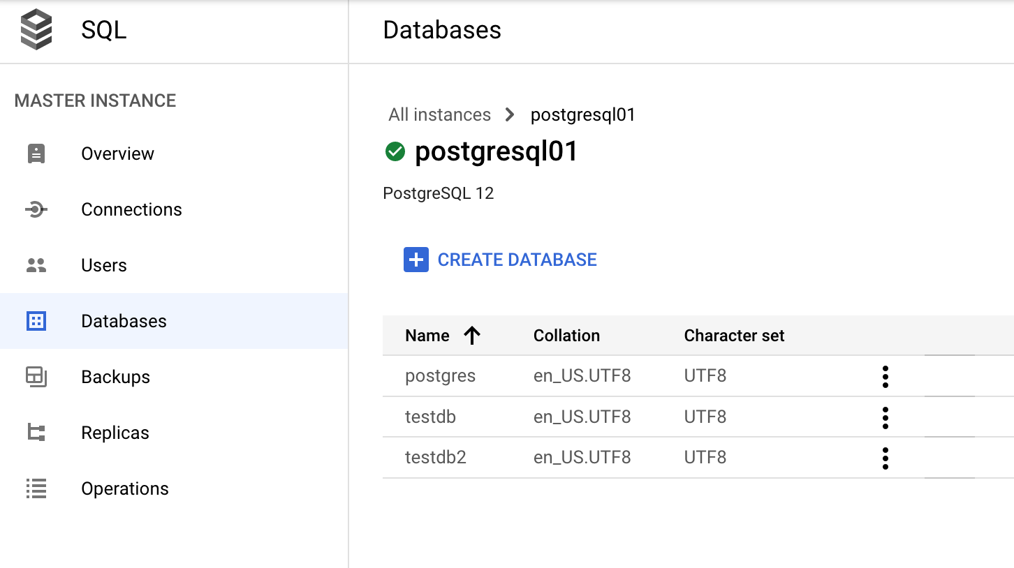 Managing a database through the Google Cloud console.