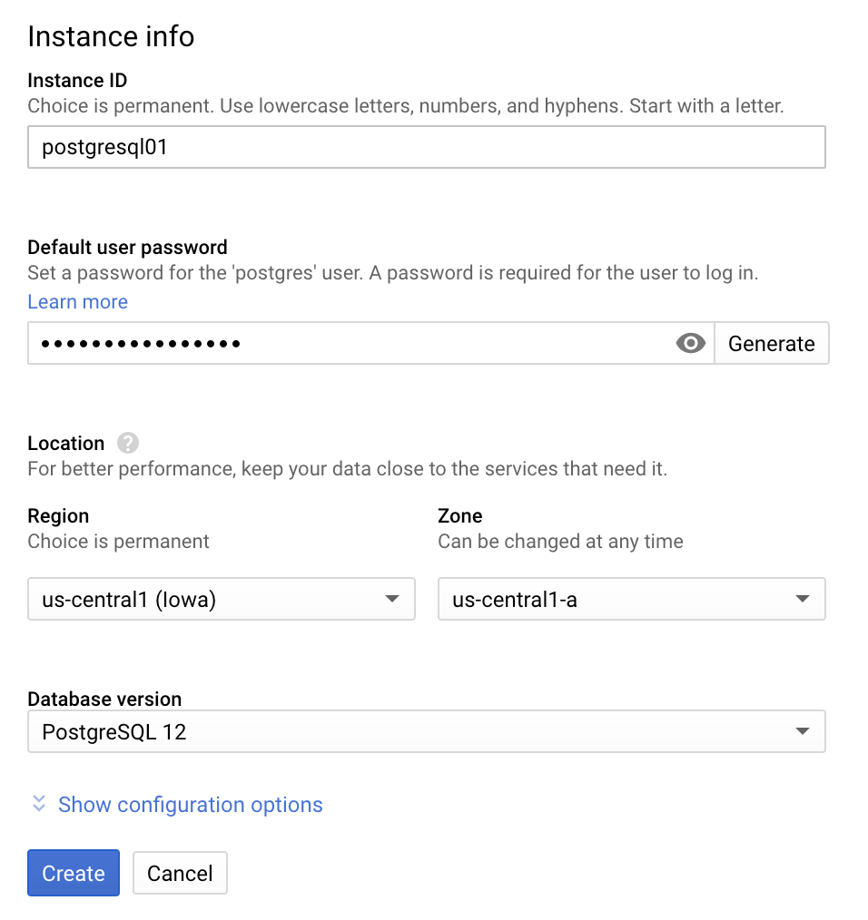 Creazione di un&#39;istanza PostgreSQL.