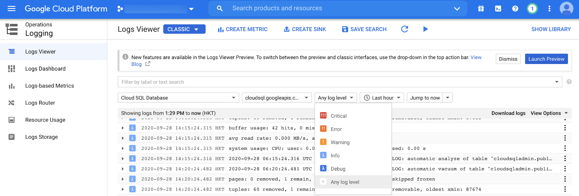 Visualizzazione dei log in Cloud Logging.