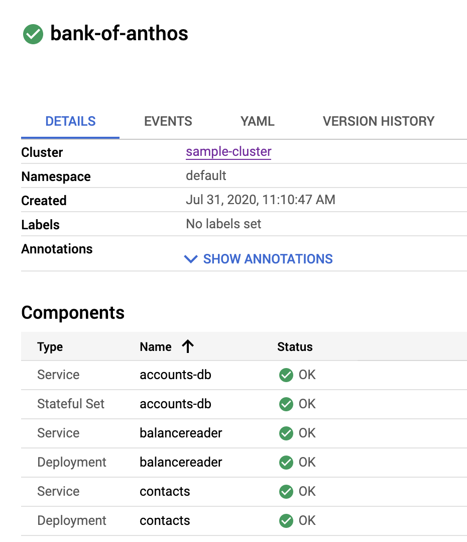 详细信息列表包含 Service 和 Deployment 等组件类型。