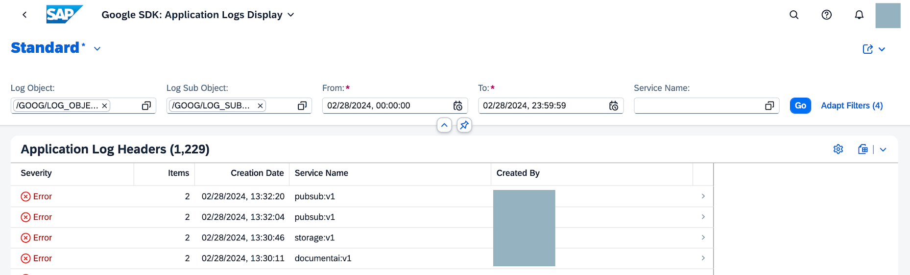 Intestazioni dei log delle applicazioni