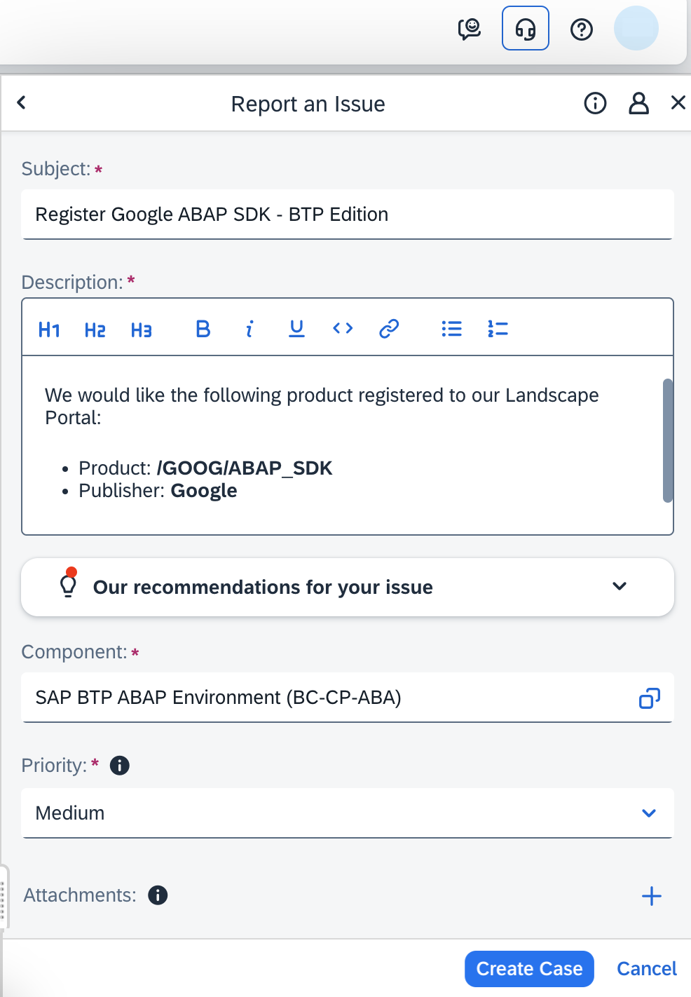 create case - Landscape Portal